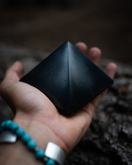 Load image into Gallery viewer, Shungite Pyramid (3.5&amp;quot; x 3.5&amp;quot; by 2&amp;quot;)
