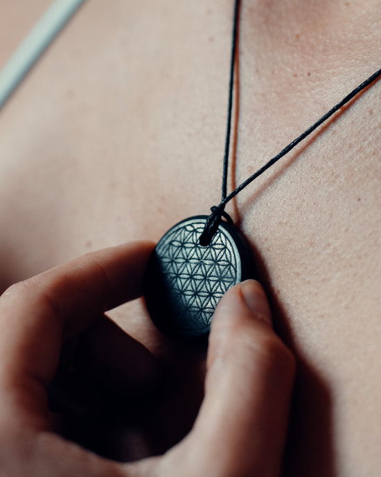 Load image into Gallery viewer, Shungite Pyrite &amp;quot;Flower of Life&amp;quot; Pendant
